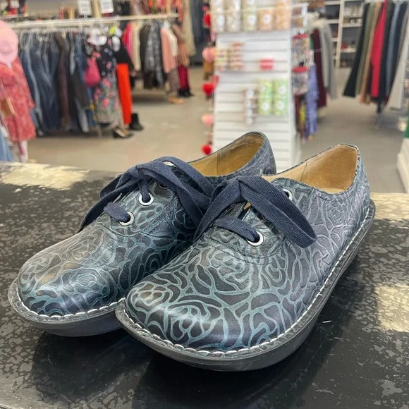 Alegria Women's Floral Patterned Flats in Black and Blue - Picture 2 of 8